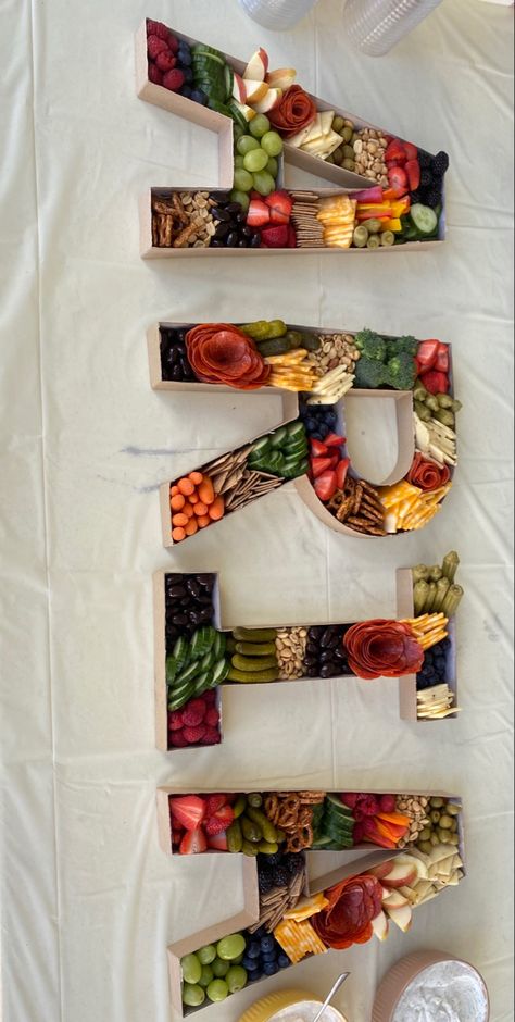 Letter Fruit Platter, Letter Fruit Tray, Number Food Platter, Letter With Food Inside, Letter Shaped Charcuterie Board, Letters Charcuterie Board, Cardboard Letter Charcuterie Board, Letter Charcuterie Board Diy, Charcuterie With Letters