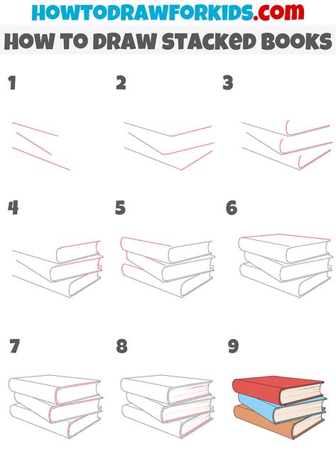 Book Doodle Easy, Drawings Of Books Stacked, How To Draw A Book Stack, How To Draw Books Stacked, Draw Books Step By Step, Easy Books Drawing, How To Draw A Stack Of Books Easy, Stack Of Books Doodle, How To Draw Books Easy