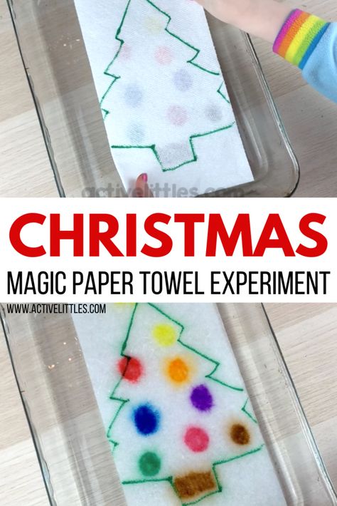 christmas magic paper towel experiment Paper Towel Experiment, Christmas Science Activities, Christmas Stem Activities, Christmas Science Experiments, Nanny Life, Winter Science, Holiday Science, Experiment For Kids, Christmas Science