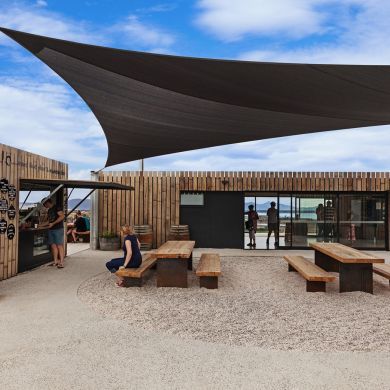 Devil\'s Corner: Location: Sherbourne Rd, Apslawn TAS 7190, Australia Year of… Shipping Container Cafe, Container Coffee Shop, Shipping Container Architecture, Container Restaurant, Container Home Designs, Container Cafe, Container Bar, Tensile Structures, Food Park