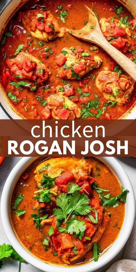 This easy Indian curry recipe is amazing! Chicken rogan josh is made with seared chicken cooked low and slow in a rich, tomato-based gravy packed with warm spices. Grab some naan and dive in! Chicken Rogan Josh Recipes, Easy Indian Curry, Diethood Recipes, Rogan Josh Recipe, Curry Chicken Thighs, Grilled Salmon Kabobs, Samosa Chaat, Rogan Josh, Amazing Chicken