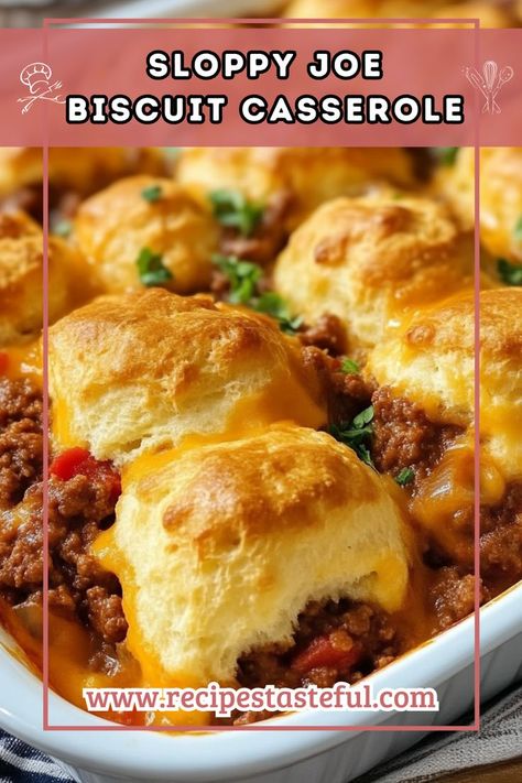 A fun and family-friendly twist on a classic comfort food, this Sloppy Joe Biscuit Casserole combines savory ground beef and tangy sauce with fluffy biscuits and melted cheese, creating a delightful dish that everyone will love. Ground Beef On Bun Recipes, Ground Beef And Grands Biscuits, Cheeseburger Biscuit Casserole, Beefed Up Biscuit Casserole, Ground Beef Bubble Up Recipes, Biscuit Ground Beef Recipe, Hamburger Meat And Biscuits Recipes, Hamburger Meat Recipes With Biscuits, Hamburger Biscuit Casserole