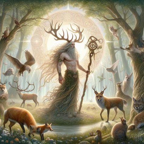 Cernunnos Costume, Sacred Masculine Art, Cernunnos Aesthetic, Pagan Paintings, Celtic Druid Aesthetic, Cernunnos Art, Nordic Magic, The Great Spirit, Wolf King