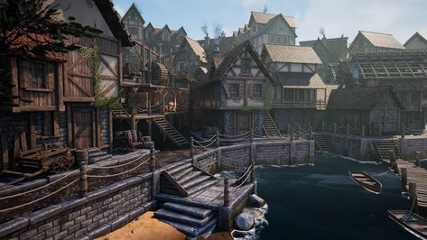 Medieval Docks, Trim Sheet, Dock House, Fantasy Village, Make A Game, Modular Walls, Big Tree, Minecraft Designs, Environment Design