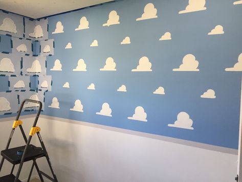 Toy story cloud walls in Colts room Toy Story Theme Playroom, Toy Story Wall Decor, Toy Story Cloud Wall, Andys Room Toy Story, Toy Story Clouds, Toy Story Andy’s Room Drawing, Toy Story Nursery, Toy Story Room, Toys For Girls