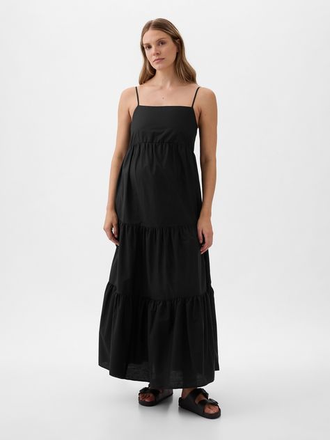 Soft cotton maternity maxi dress.  Square neck.  Spaghetti straps.  Smocked back.  Tiered skirt.  Certain styles have allover prints.  Please note: Maternity styles cannot be returned in store.  Please enjoy free returns by mail.  Choose your maternity