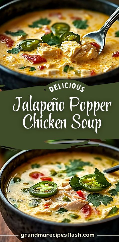 This creamy, spicy, and cheesy soup brings the flavors of jalapeño poppers into a cozy bowl of comfort! Packed with tender chicken, crispy bacon, and a cheesy kick, it's the ultimate winter warmer. Perfect for game days, potlucks, or whenever you crave a little spice. #JalapeñoPopperSoup #ComfortFood #CheesyDelight Creamy Jalapeno Chicken Soup, Sweet Potato Jalapeno Soup, Jalapeño Pepper Soup, Chicken Jalapeño Popper Soup Crockpot, Spicy Creamy Chicken Soup, Chicken Jalepeno Popper Chilli, Jalapeno Cheddar Soup, Chicken Popper Soup, Jalapeno Popper Soup Crockpot