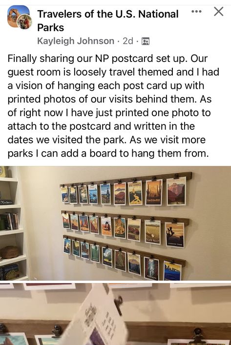 Family Adventure Photo Wall, National Parks Gallery Wall, National Park Themed Office, National Park Postcards Display, National Park Memory Ideas, Displaying Postcards On Wall, Displaying Travel Photos, National Park Bedroom Decor, National Park Gallery Wall