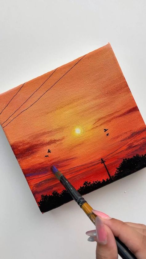 Aesthetic Painting Sunset, Golden Hour Painting Easy, Mini Square Canvas Paintings Easy, Acrylic Painting Canvas Sunset, Mini Canvas Sunset Paintings, Easy Painting Ideas On Canvas Aesthetic Sunset, How To Paint The Sun, Easy Paintings Sunset, Painting Aesthetic Videos