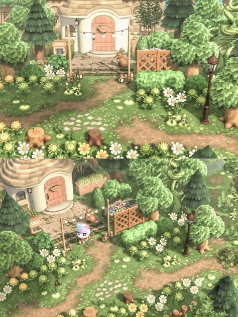 Animal Crossing Judy Yard, Forestcore Villagers Acnh, Cottagecore Animal Crossing Ideas, Acnh Cottagecore Yard Ideas, Acnh Harbor Design Codes, Acnh Carmen Yard, Acnh Front Porch, Cottage Core Animal Crossing Villagers, Sasha Acnh Yard