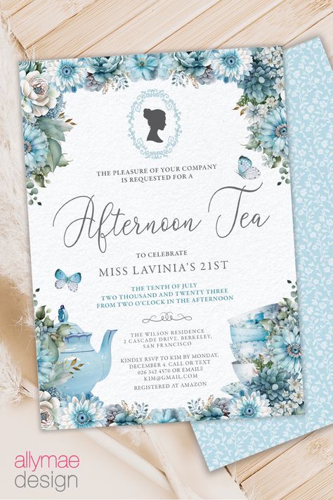 Bridgerton Themed Afternoon Tea Dusty Blue Floral Invitation Blue Floral Invitation, Bridgerton Theme, Moms 50th Birthday, Alice Tea Party, Picnic Birthday, Tea Party Invitations, Tea Party Theme, Bridal Tea, Birthday Gifts For Teens