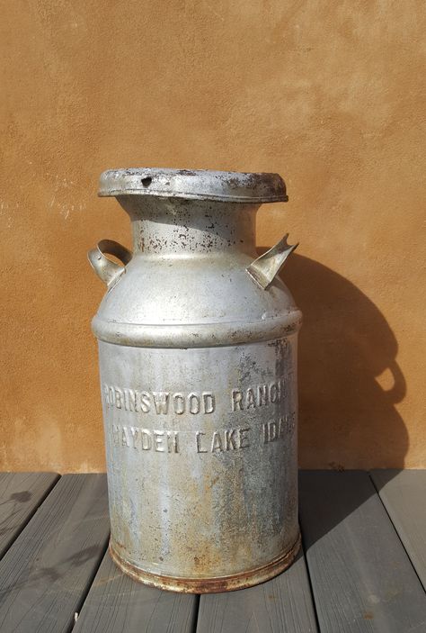 Vintage Metal Gallon Milk Jug | Antique Milk Can | Vintage Dairy Tin FOR SALE Vintage milk can from Robinswood Ranch Hayden Lake Idaho. Great for farmhouse decor. The lid comes off. Great for your front porch, garden or vintage interiors. Antique Milk Jug Ideas, Antique Milk Jug, Antique Milk Can, Vintage Milk Jug, Plant Based Pizza, Front Porch Garden, Vintage Milk Can, Porch Garden, Milk Cans