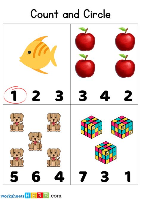 Counting Objects To 10, Circle The Bigger Number Worksheet, Circle The Correct Number Worksheets, Counting Objects Worksheets 1-20, Count And Circle The Correct Number 1-10, Rote Counting, Number Recognition Worksheets, Number Recognition, Kindergarten Worksheets