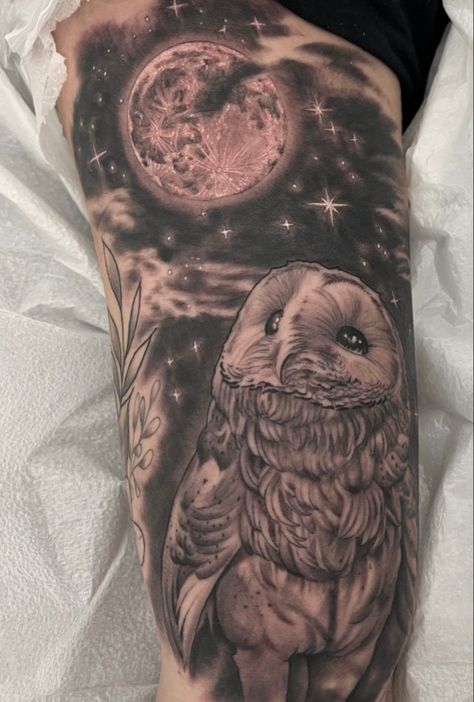 Galaxy Owl Tattoo, Spooky Owl Tattoo, Stary Night Tattoos, Moon Night Tattoo, Moon Owl Tattoo, Owl Moon Tattoo, Owl And Moon Tattoo, Moon Tattoo Sleeve, Snow Owl Tattoo