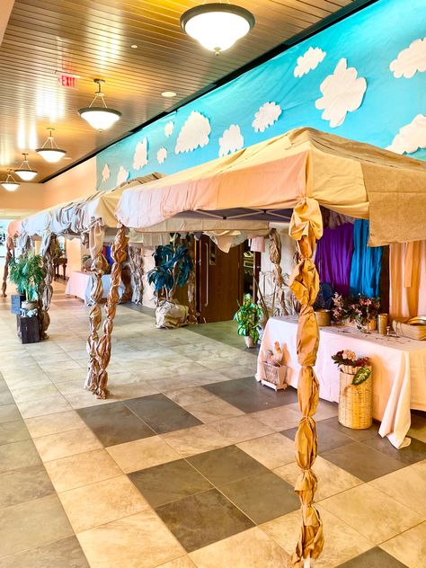 Pop up tents covered in drop cloths and spare fabric. Vbs Nazareth Decorations, Biblical Theme Party, Vbs Town Of Bethlehem Scenery, Biblical Times Decorations, Bible Party Decorations, Come To The Table Vbs, Bible Times Marketplace, Vbs Bible Times Decorations, Biblical Marketplace Ideas