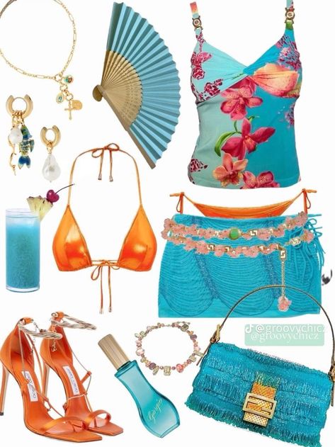 Mcbling Fashion, Vacation Outfits Women, Tropical Outfit, Ibiza Outfits, Tropical Fashion, Vacay Outfits, Ibiza Fashion, Outfit Collage, Mood Board Fashion