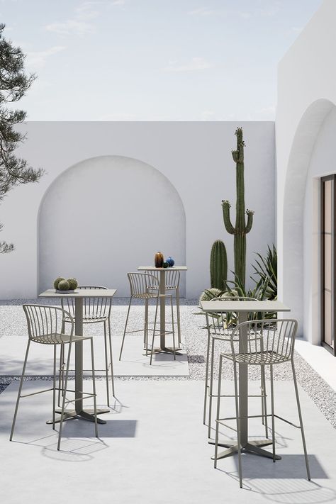 Amitha barstools are the natural completion of the Forsix-designed collection, fitting perfectly into hospitality settings, both indoors and out. This steel tube stackable barstool is treated for outdoor use and has a matt finish. Dimensions Width 490mm | Depth 490mm | Height 1025mm | Seat Height 760mm #barstool #outdoordining #outdoortable #outdoorstools #outdoorhightable #outdoorbarstool #highstools High Table And Chairs, Table Haute Bar, High Bar Table, High Bar Stools, Restaurant Patio, Outdoor Bar Sets, Cafe Furniture, Outdoor Cafe, High Stool