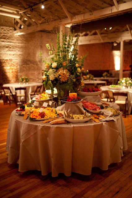 Bride Wars: Wedding Week: Our Reception Part 1 Bufette Ideas, Wedding Reception Food Tables, Table Tricks, Bridal Shower Food Table, Appetizer Table, Food Display Table, Appetizer Display, Buffet Set Up, Catering Table