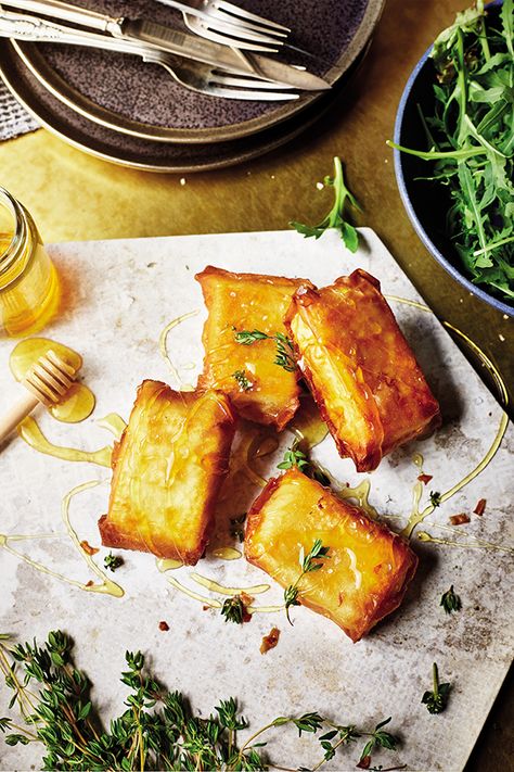 Sabrina Ghayour’s fried feta parcels with honey recipe - YOU Magazine Fried Feta, Crostini Toppings, Crispy Chickpeas, Natural Yogurt, Honey Recipes, Roasted Peppers, Inspired Recipes, Buckwheat, Wholesome Food