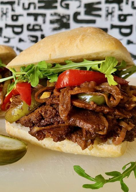 - Seitan Steak Sandwich Recipe With Bell Peppers, Seitan Steak, Protein Salads, Steak Sandwich Recipe, Homemade Seitan, Vegan High Protein, Vegan Seitan, High Protein Salads, Steak Sandwich Recipes