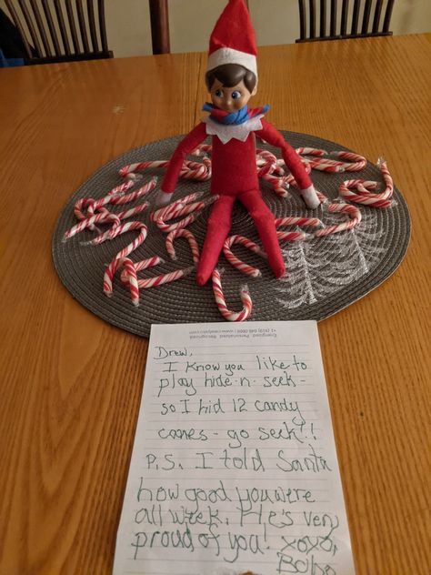 Elf On The Shelf And Candy Canes, Candy Cane Elf Ideas, Elf On The Shelf Ideas Christmas Tree, Elf On The Shelf Candy Cane, Elf Candy Cane Ideas, Elf On The Shelf Entry Ideas, Elfs Ideas, Candy Cane Hunt, Awesome Elf On The Shelf Ideas