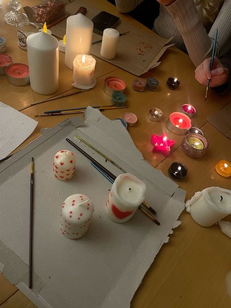 Diy Valentines Date Night At Home, Aesthetic Activities At Home, At Home Dates Aesthetic, Date Night In Aesthetic, Birthday Activity Ideas At Home, Candles Aesthetic Making, Painted Candles Aesthetic, Activities For Friends At Home, Candle Decorating Party