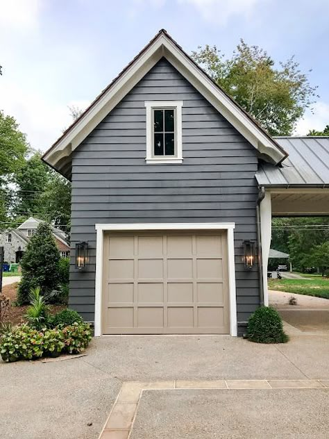 HOUSE BEAUTIFUL..... MODERN FARMHOUSE DETAILS - design indulgence House With Carport And Garage, Garage On Front Of House, Shed Garage Ideas, Benjamin Moore Iron Mountain Exterior, Farmhouse Garage Door, Farmhouse Garage Doors, Cabin Garage, Grey Garage, Farmhouse Details