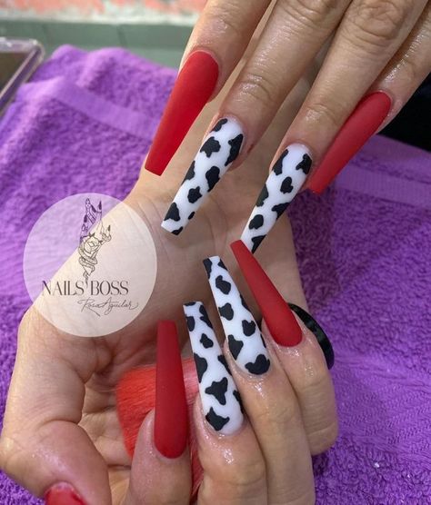 Red And Cow Print Nails, Red Cow Print Nails, Nails Red And Black, Cow Print Nails, Country Nails, Cow Nails, Fun Nail Colors, Nails Pretty, Red Acrylic Nails