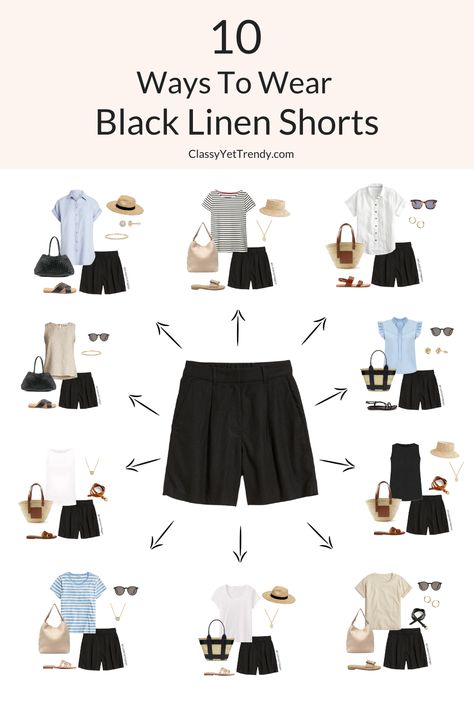 Linen Shorts Fall Outfit, 10 Clothes 30 Outfits, Shorts Minimalist Outfit, Summer Outfits Classic Style, Linen Shorts Outfit Spring, Trendy Shorts For Women, Outfits For Traveling Summer, Classy Chic Spring Outfits, August Summer Outfits