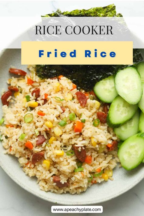 Learn how to cook “fried rice” in your rice cooker with all your favorite ingredients like eggs, Chinese sausage and veggies! This one-pot cooking method doesn’t include any stir-frying, but the rice cooker still infuses the rice with wonderful salty and umami flavors. You’ll love this easy rice cooker method, with the press of a button, you’ll have delicious and healthier fried rice! Get the recipe on www.apeachyplate.com Rice Cooker Recipes Healthy, Rice Cooker Fried Rice, Chicken Stir Fry Rice, Rice With Eggs, Spanish Rice Recipe Easy, Sausage And Veggies, Spanish Rice Recipe, Fried Rice With Egg, Chicken Fried Rice Recipe