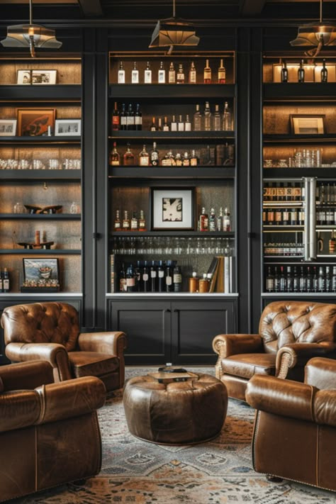 Gentleman Style Office, Gentlemen Man Cave, Traditional Office Built Ins, Speakeasy Furniture Interior Design, Wine Library Room, Bar Parlor Room Ideas, Parlor Bar Room Ideas, Home Bar And Library, Home Library With Bar