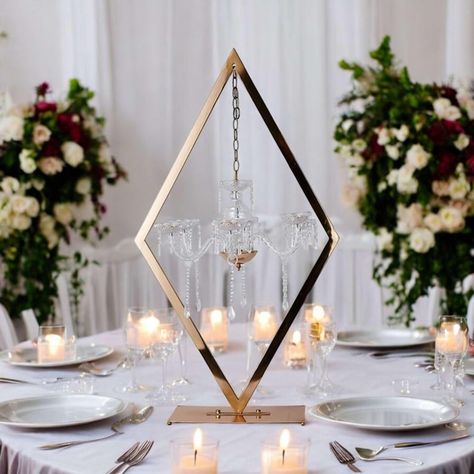 Chandelier Wedding Centerpieces, Chandelier Centerpiece Wedding, Diy Candelabra Centerpiece, Long Table Decorations, Centerpiece Stand, Chandelier Centerpiece, Gold Wedding Centerpieces, Boho Wedding Centerpieces, Chandelier Decorations