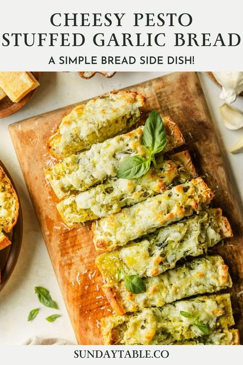 This homemade, cheesy pesto stuffed garlic bread is one of my favorite quick and easy side dishes! With basil pesto, garlic butter, mozzarella, and parmesan, it's a cozy and crowd-pleasing side dish for dinner. Eat it with Italian food, pasta, soup, steak, or grilled chicken. This pesto garlic cheese bread can be made with Italian or French bread, sourdough, focaccia, or anything else you like. It's super customizable, simple to make, and great for a crowd. This is the best garlic bread ever! Dishes With Basil, Quick And Easy Side Dishes, Cheesy Pesto Bread, Roasted Tomato Chicken, Italian Food Pasta, The Best Garlic Bread, Best Garlic Bread, Stuffed Garlic Bread, Sourdough Focaccia