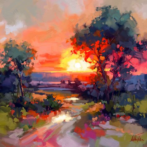 Gorgeous landscape painted in digital medium in Artrage Vitae app. Colorful painting of summer landscape. In this blog post you also find a digital puzzle game. Beautiful Paintings Of Nature, Oil Pastel Landscape, Peisaj Abstract, Canvas Art Painting Acrylic, Pastel Sunset, Sunset Beautiful, Digital Oil Painting, Female Art Painting, Landscape Art Painting