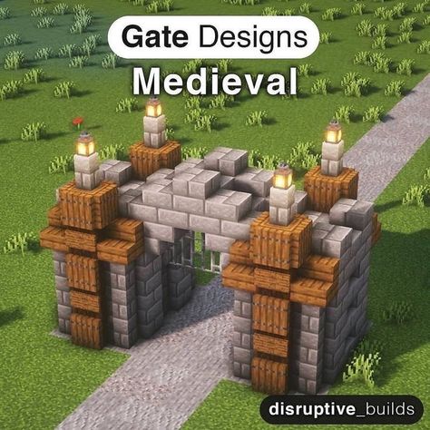 Minecraft Medieval Wall Design, Minecraft Medieval Decorations, Minecraft Gate Ideas, Minecraft Building Ideas Medieval, Minecraft Gate, Construction Minecraft, Case Minecraft, Minecraft Wall, Rumah Minecraft Sederhana