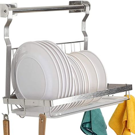 Amazon.com: TQVAI Stainless Steel Hanging Dish Drainer Folding Dish Drying Rack with Rod, Drainboard and Hanging S Hooks - Silver: Kitchen & Dining Wall Mounted Dish Rack, Hanging Utensils, Nest Ideas, Above Sink, Sink Dish Rack, Kitchen Sink Storage, Dish Drying Rack, Over Sink, Long Walls