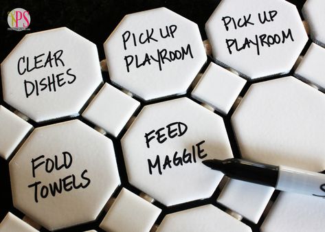 Chore Station, Tile Upcycle, Kid Chores, Chalkboard Organizer, Chore Magnets, Magnetic Chore Chart, Hexagonal Tiles, Chore Board, Home Command Center