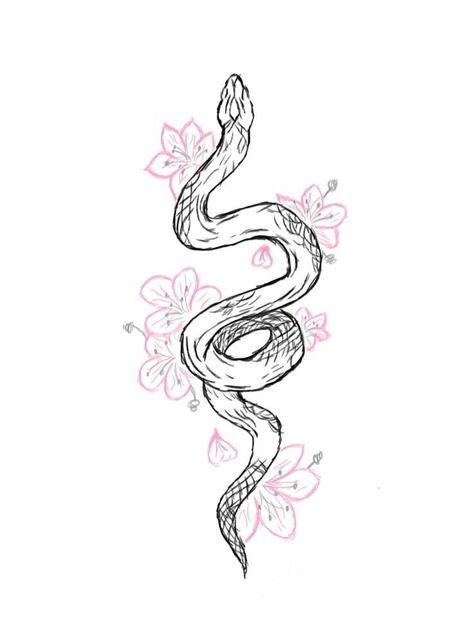 Tattoo Design Drawings Snake, Snake With Lotus Tattoo, Snake Cute Tattoo, Snake With Cherry Blossom Tattoo, Small Tattoo Ideas Drawings, Thigh Drawings Tattoo, Snake And Cherry Blossom Tattoo, Hidden Medusa Tattoo, Small Snake Drawing