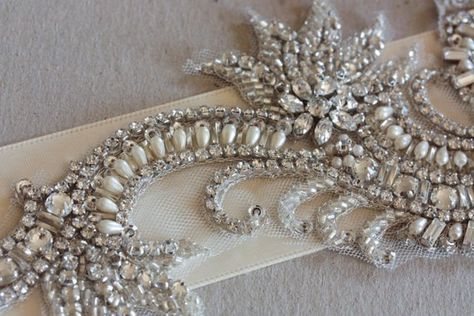 Bridal dress sash in offwhite, ivory and silver  - Mali 11 inches (Made to order) Couture Beading, Tambour Beading, Bridal Sash Belt, Hand Beaded Embroidery, Beadwork Embroidery, Motifs Perler, Couture Embroidery, Bead Embroidery Patterns, Wedding Sash