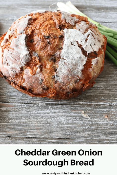 This delightful cheddar green onion sourdough bread combines the tangy flavor of sourdough with the sharpness of cheddar cheese and the savory bite of green onions. Each bite offers a perfect balance of tangy, cheesy goodness with a hint of freshness from the green onions. #zestysouthindianktichenrecipes #cheddarcheese #sourdoughbread rn Onion Sourdough Bread, Homemade Sourdough Bread Recipes, Dough Food, South Indian Kitchen, Easy Sourdough Bread Recipe, Knead Bread Recipe, Homemade Sandwich, Tasty Bread Recipe, Homemade Sourdough Bread