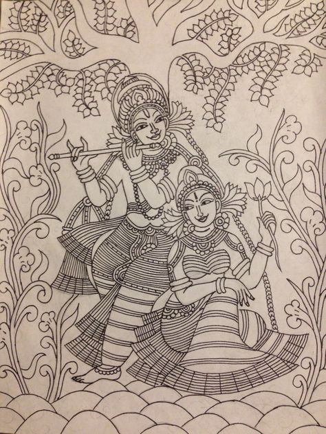 Krishna and Radha mural pencil sketch Mural Outline, Kerala Mural Art Krishna, Radha Krishna Mural Painting, Kerala Mural Painting Sketch, Kerala Mural Painting Outline Sketches, Diy Mural Painting, Mural Art Design, Kerala Mural Painting, Kalamkari Painting