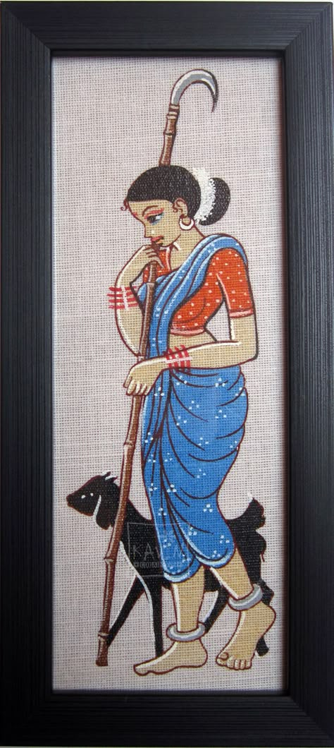 Easy Traditional Painting, Painting On Jute Fabric, Painting Ideas Village, Easy Indian Paintings On Canvas, Traditional Fabric Painting, Indian Village Drawing, Panihari Painting, Wall Drawing Ideas Creativity Artists, Fabric Painting Ideas Creative