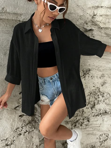 Black Casual Collar Three Quarter Length Sleeve Woven Fabric Plain Shirt Embellished Non-Stretch  Women Clothing Button Shirt Outfit, Button Down Outfit, Shirt Outfit Summer, Black Button Up Shirt, Collar Details, Drop Shoulder Shirt, Black Button Down Shirt, Loose Fabric, Short Sleeve Button Up