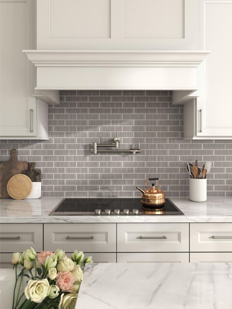 Look what I found at Floor & Decor! Glossy Ceramic Tile, Grey Backsplash, Fireplace Set, Home Financing, Kitchen Backsplash Designs, Subway Tile Backsplash, Grey Cabinets, Kitchen Inspiration Design, Room Style