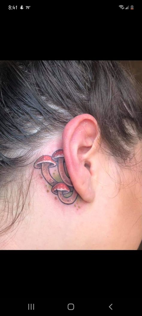 Mushroom Tattoo Behind Ear, Mushroom Neck Tattoo, Behind The Ear Mushroom Tattoo, Mushroom Ear Tattoo, Spooky Ear Tattoo, Mushroom With Face Tattoo, Small Fairy Tattoos Behind Ear, Ear Mushroom, Mushroom Tattoo