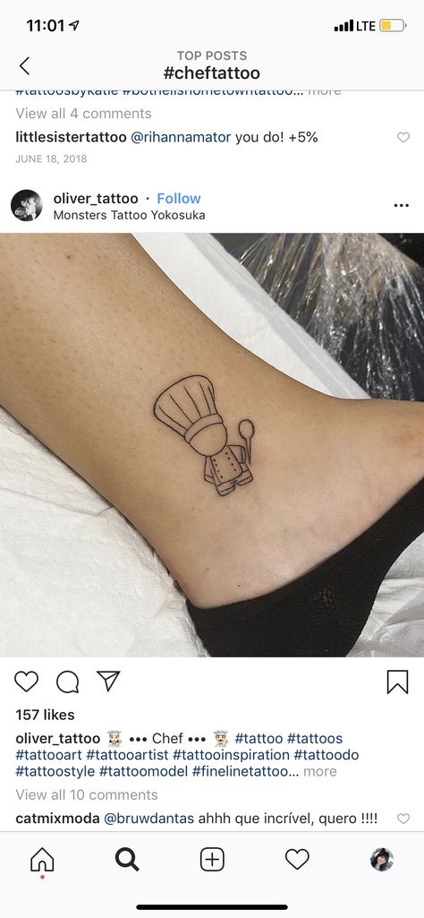 Chef tattoo Restaurant Tattoo Ideas, Cook Tattoos, Cute Chef Tattoo, Small Cooking Tattoo, Mini Food Tattoos, Cook Tattoo Ideas, Simple Chef Tattoo, Small Baking Tattoo Ideas, Baker Tattoo Ideas