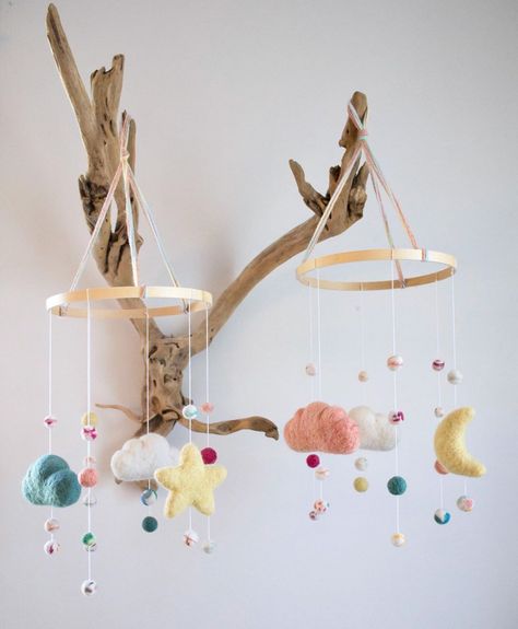 A pair of felt mobiles for twins. Needle-felted pom poms, clouds, sun, star. Nursery decor. by Emilia Stern Felted Mobile, Felt Baby Mobile, Mobiles For Kids, Felt Animal Patterns, Felted Wool Crafts, Felt Mobile, Diy Mobile, Felt Baby, Needle Felting Projects