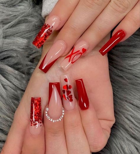 Designer Nails, Heart Nail Designs, Romantic Nails, February Nails, Nail Designs Valentines, Long Acrylic Nails Coffin, Long Square Acrylic Nails, Heart Nails, Fancy Nails