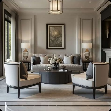 Modern Classic Interior Design Luxury, Living Room Neoclassic, Luxury Sitting Room, Reception Room Ideas, Ideas Decoracion Salon, Formal Living Room Designs, Modern Classic Living Room, Transitional Interior Design, Neoclassical Interior