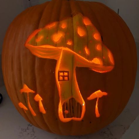 Pumpkin Carving Cottagecore, Luna Moth Pumpkin Carving, Pumpkin Carving Ideas Hippy, Pumpkin Carving Ideas Medium Difficulty, Pumpkin Carving Mushroom Ideas, Pumpkin Mushroom Carving, Magic Pumpkin Carving, Pumpkin Carving Ideas Fairy, Tree Pumpkin Carving Ideas